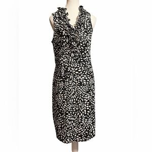London Style Black and White Patterned Midi Dress Ruffled neckline Size 14